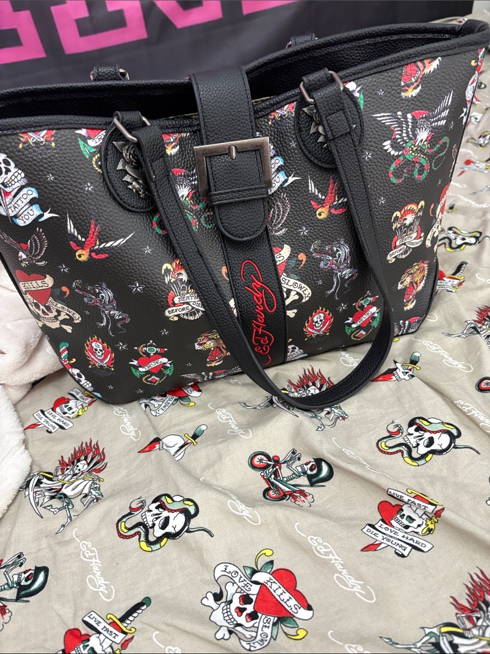 Ed Hardy Black Tattoo-Print Tote with Red Signature